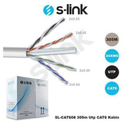 S-Link Sl-Cat608 Cat6 305M 24Awg Utp 4P*0.50Mm Cat6 Cca Gri̇ Network Kablosu