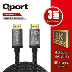 Qport 3M Hdmi 2.1V 8K Altin U&Ccedil;Lu &Ouml;Rg&Uuml;L&Uuml; Kablo (Q-Hdmi213)