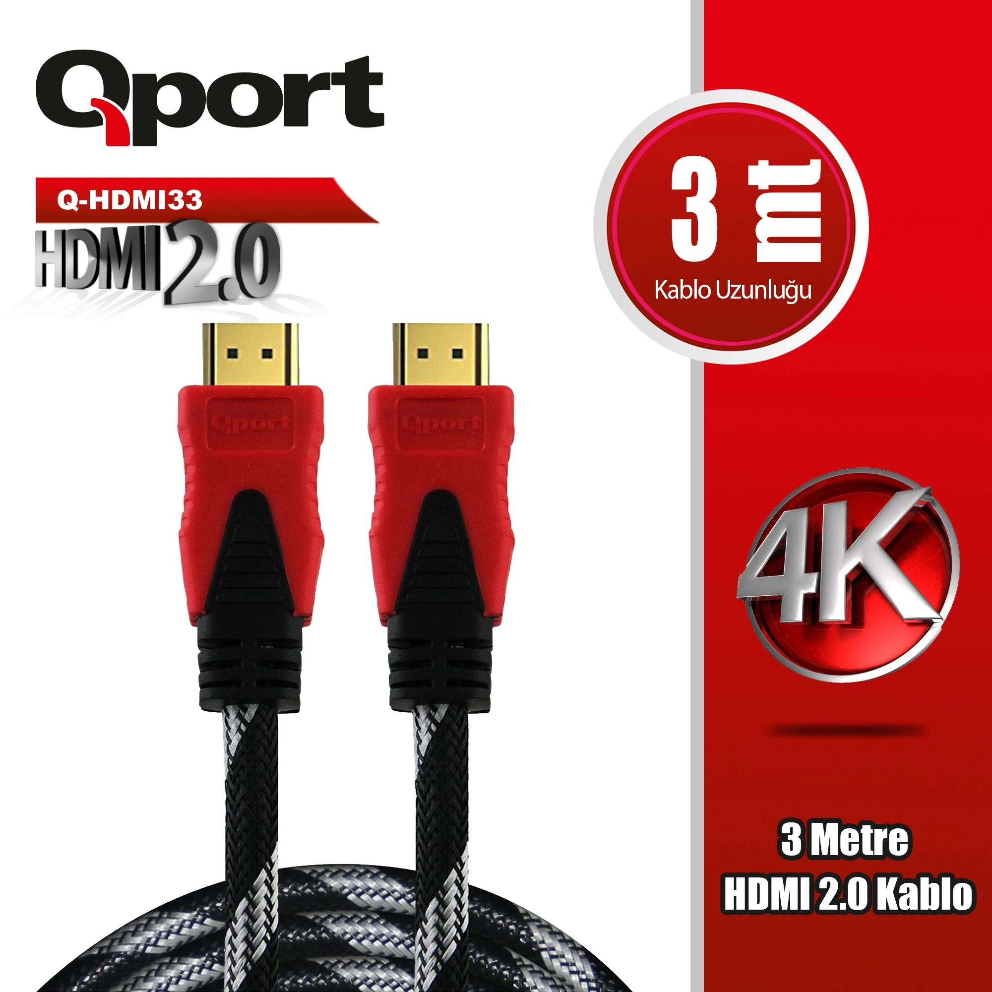 QPORT 3M 2.0V 4K 60HZ ALTIN UÇLU ÖRGÜLÜ HDMI KABLO (Q-HDMI33)