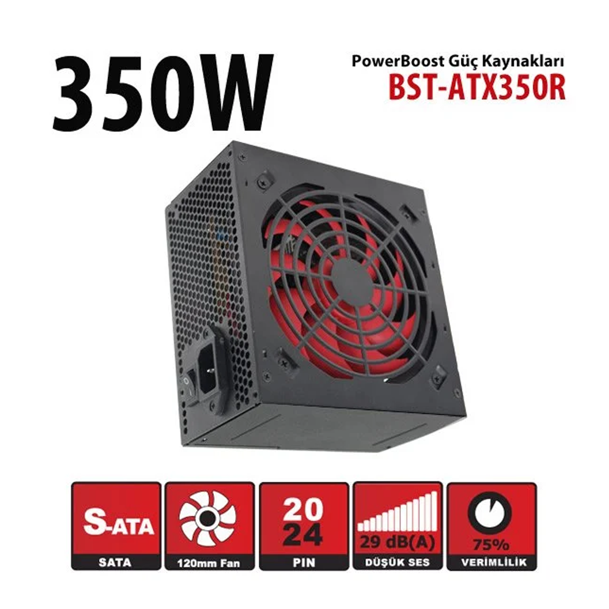 PowerBoost BST-ATX350R 350w, 12cm Siyah Fanlı ATX PSU Power Kablo (Retail Box)