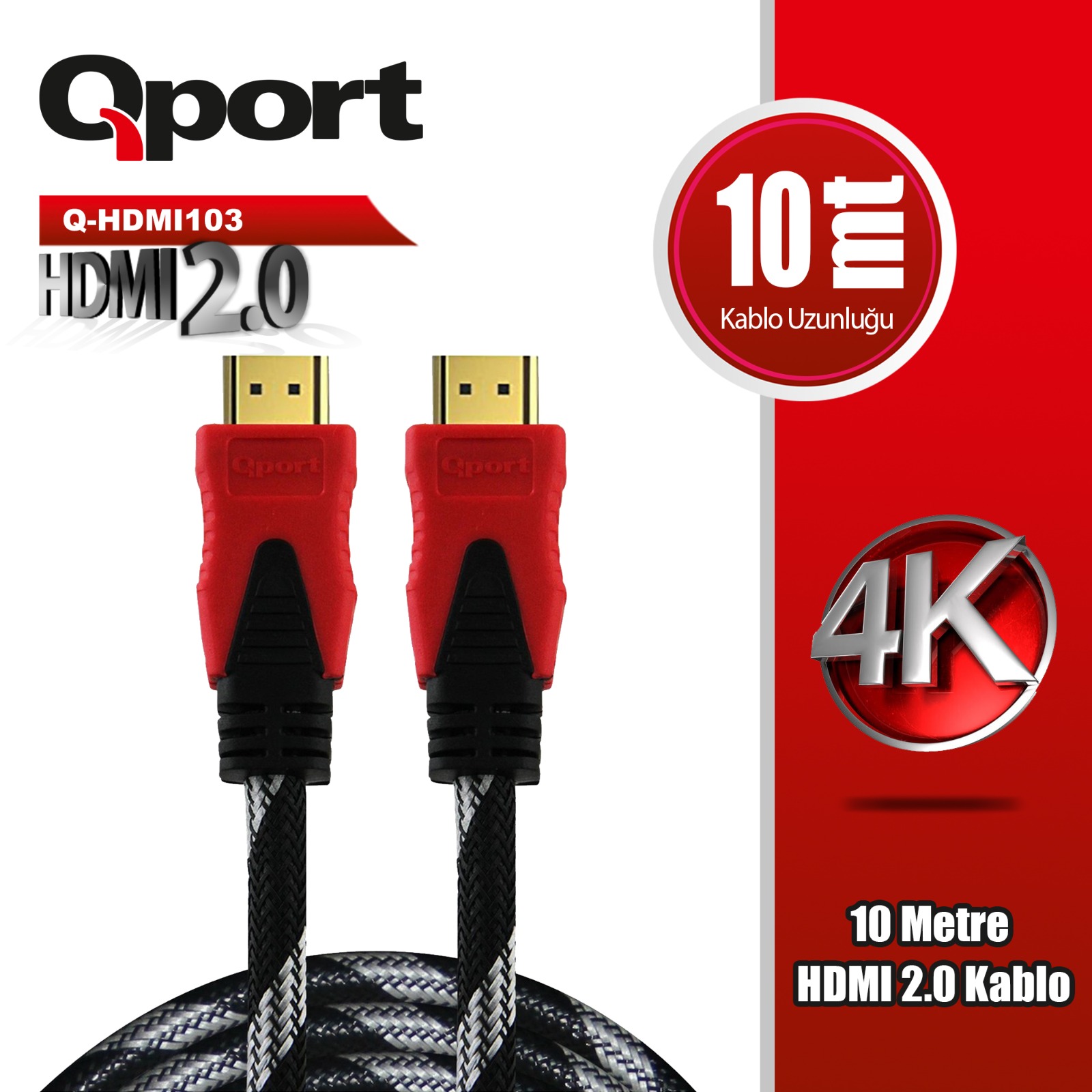 QPORT 10M ALTIN UÇLU ÖRGÜLÜ KABLO 2.0V 4K 60Hz (Q-HDMI103)
