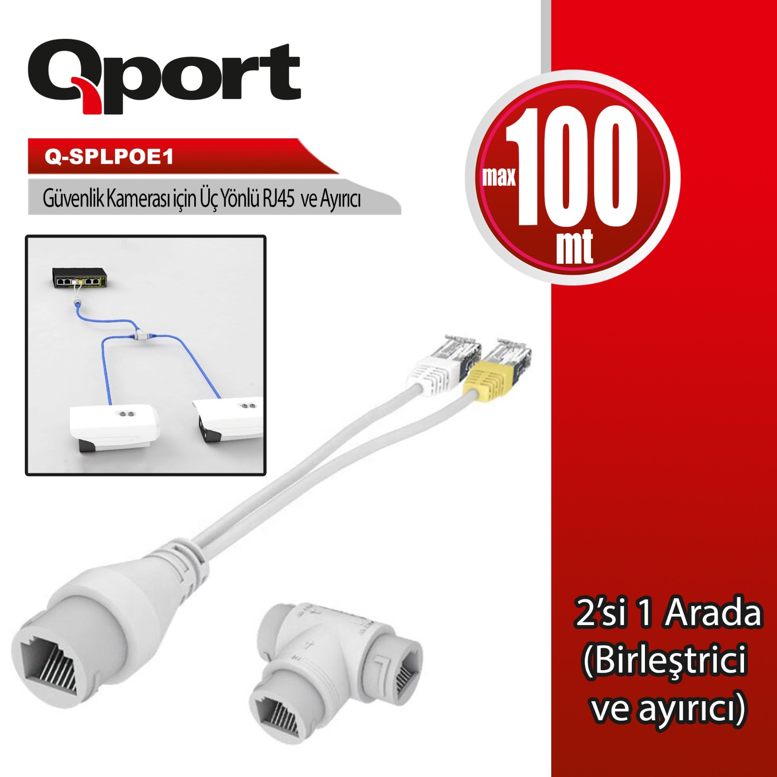 QPORT POE SPLITTER 2 in 1 Ağ Konnektörü + 3 Yollu RJ45 Konnektörü (Q-SPLPOE1)